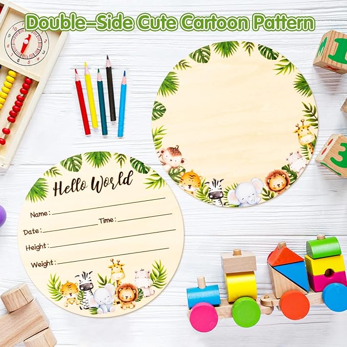 R HORSE Baby Birth Announcement Sign with Marker Pen, Safari Animals Baby Name Sign with Ink Pad for Hand and Footprints, Wooden Hello World Newborn Announcement Nursery Decor Keepsake Gifts