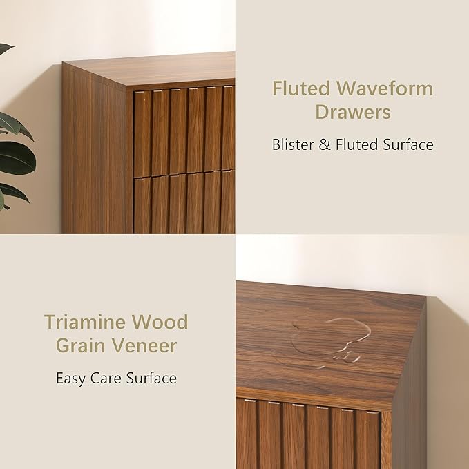 Fluted Dresser for Bedroom with 6 Drawers, 47'' Wide Modern Dresser with Metal Handle, Natural Wood Dressers Organizer with Blister Drawers for Bedroom, Brown