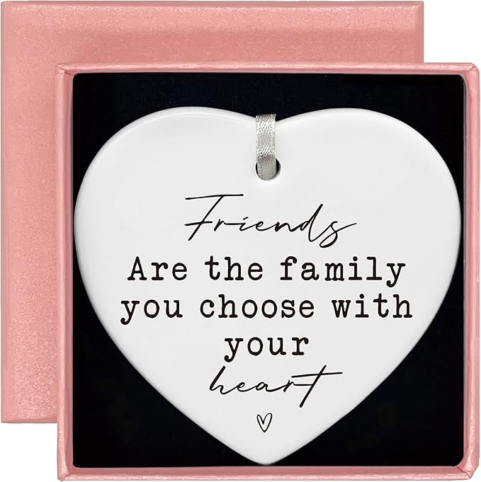 Heart Shaped Christmas Ornament-Friendship Soul Sister Gift-Friends are The Family Birthday Thank You Present Ceramic Keepsake Sign Plaque Decor Double Sided Printing