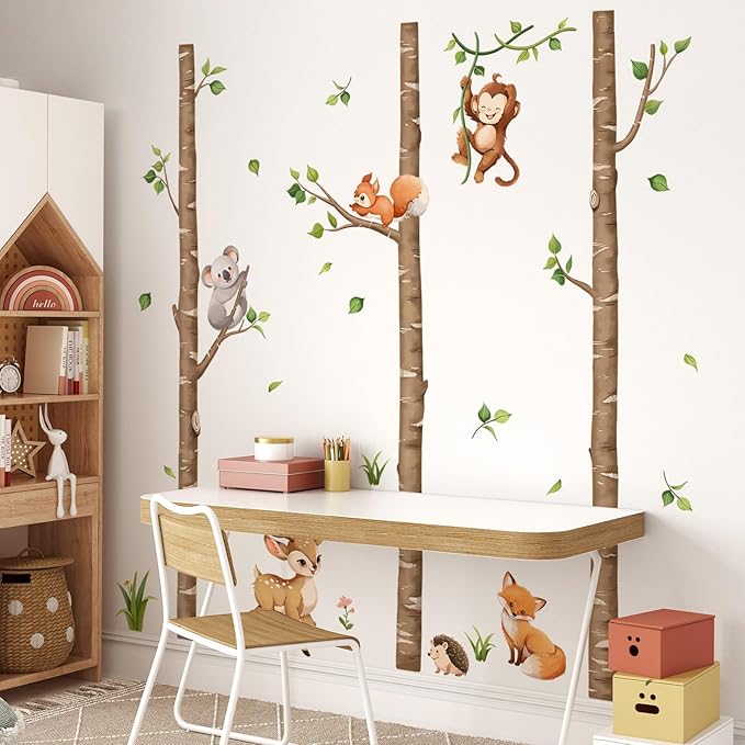 Tanlaby Large Birch Tree Forest Animals Wall Stickers Woodland Brown Trees Wall Decals Deer Fox Monkey Sticker Peel and Stick Art Decor for Baby Nursery Kids Toddler Bedroom Playroom Classroom