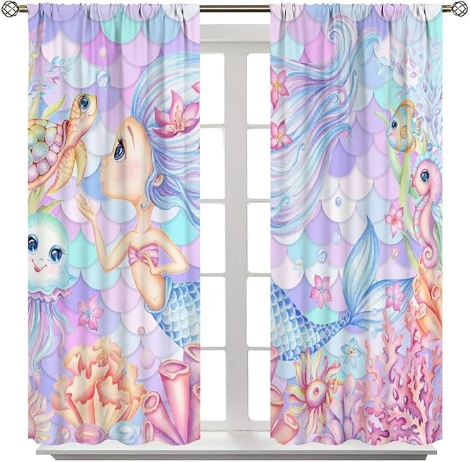 Fantasy Mermaid Curtain Dream Cartoon Marine Organisms Turtle Coral Ocean Theme Dream Blackout Window Treatment for Kids Girls Bedroom Nursery Room Decor Rod Pocket Window Drapes 42x63in
