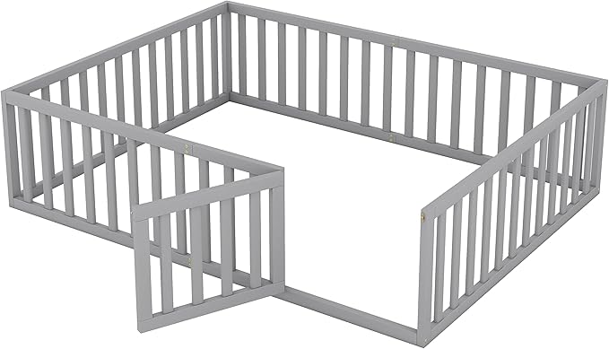 Merax Queen Floor Bed with Safety Guardrails and Door, Wood Montessori Floor Bed Frame for Kids, Queen Playhouse Bed Frame for Baby Girls and Boys, Grey