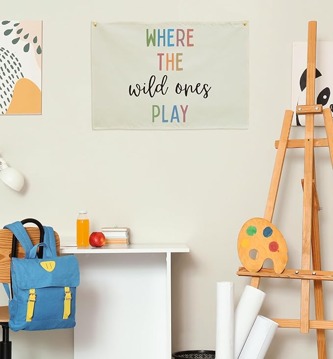 Playroom Rectangular Canvas Banner-Flag Wall Sign Decor for Kids Teen,Playroom Nursery Baby Room Bedroom Living Room Wall Decor-Where the Wild Ones Play-Baby Shower Birthday Christmas Gift