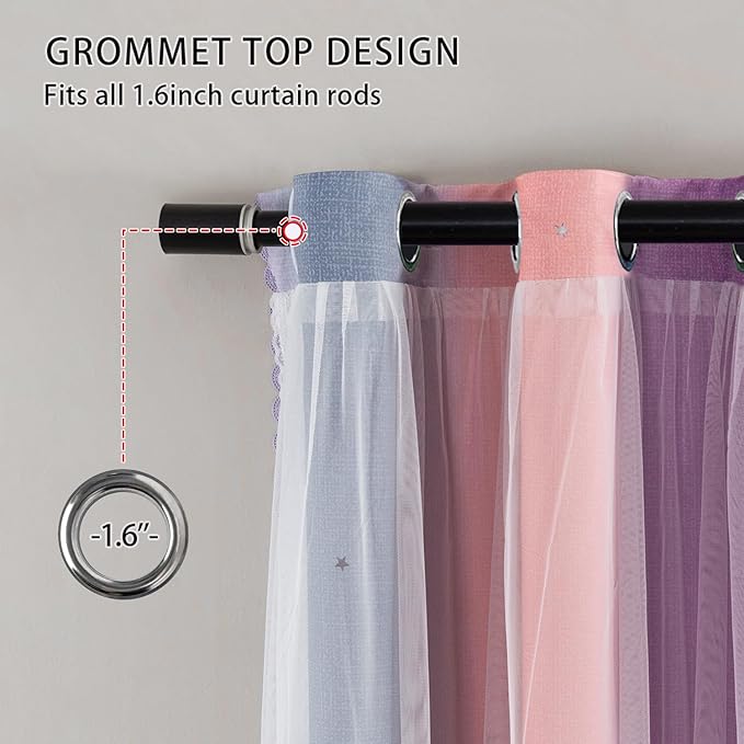 XiDi Grey Pink Purple 54 Inches Curtains for Girls Bedroom 2 Panels Set, Blackout Rainbow Curtains for Kids Room Decor, Unicorn Wall Decals Drapes for Little Girl Nursery Room 52 Inches Wide