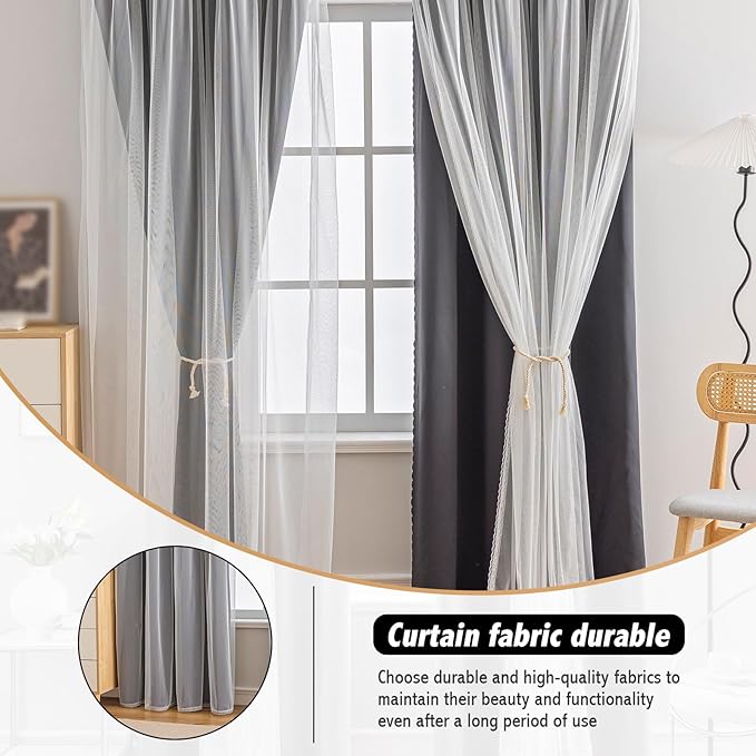 Anytime Home Curtains Blackout and Sheer Layered Solid Window Curtain Panel Pair with Grommet Top, 52Wx95L,Black
