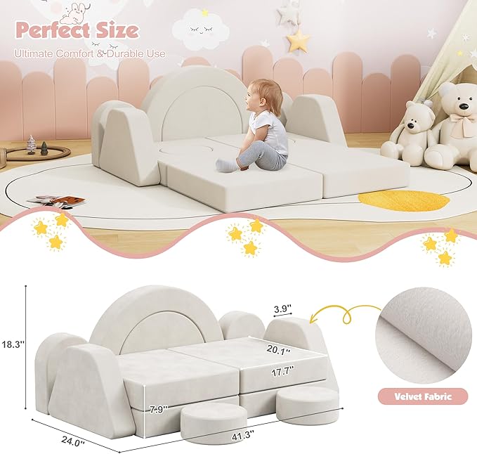 12 PCS Modular Kids Play Block Couch Child Sectional Soft Sofa Toddler Building Fortplay Climbing Bedroom Playroom Baby Convertible Floor Foam Cushion for Boys & Girls (Cream+Double Seat-1)