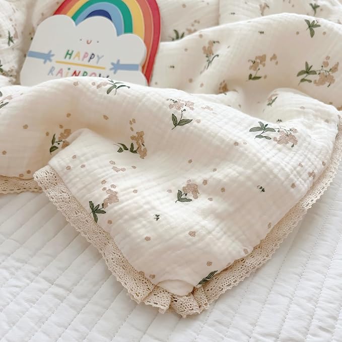 BuLuTu Cute Laurel Design Toddler Quilt Muslin Cotton Comforter Lightweight Soft Nursery Blankets Floral Beige Crib/Toddler Bed Quilted Blanket for Unisex Baby Boys Girls, 47"x59"