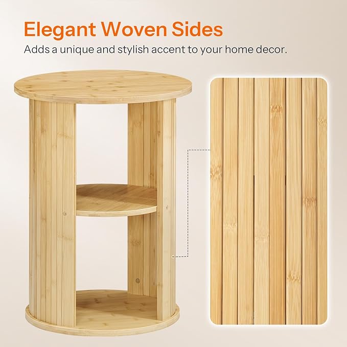 HOOBRO Small Round Side Table, 3-Tier Round Bamboo End Table, Sofa Bedside Table, Bohemian Style Nightstand Easy Assembly, for Living Room, Bedroom, Apartment, Natural YL192BZ01