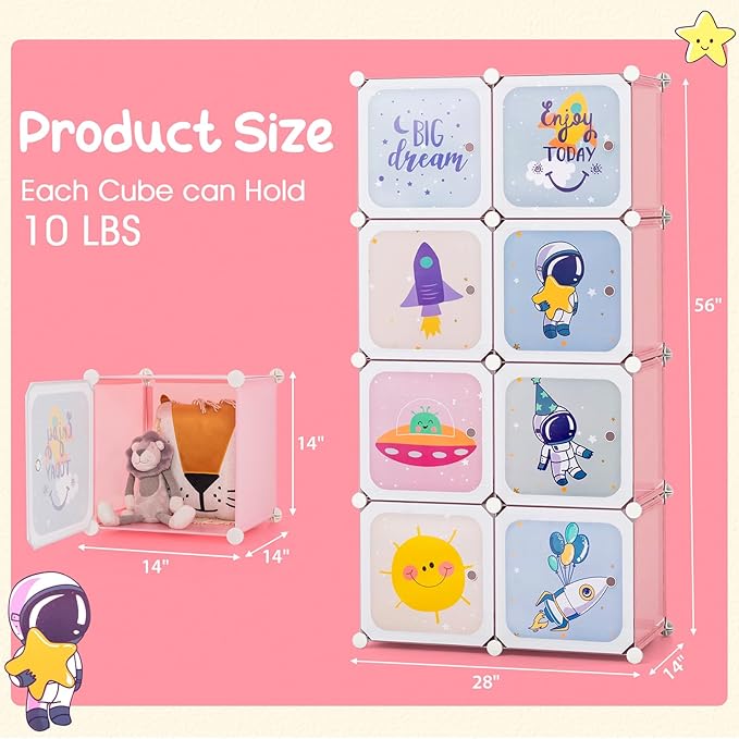 INFANS Children Wardrobe, Kid Closet Portable Baby Dresser Cute for Kids Bedroom Nursery Armoire with Doors 12 Cube 2 Hanging Sections, Kid Clothes Storage Organizer (Pink, 8 Cubes)