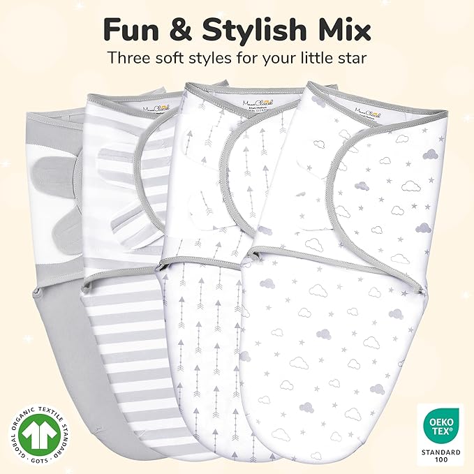 Mama Cheetah Baby Swaddle Sack, Organic Cotton Swaddle Blanket, Adjustable Swaddle Sleep Sacks, Easy Swaddles for Boy Girl 0-3 Month, Baby Essentials, 4-Pack, 4-pack Grey