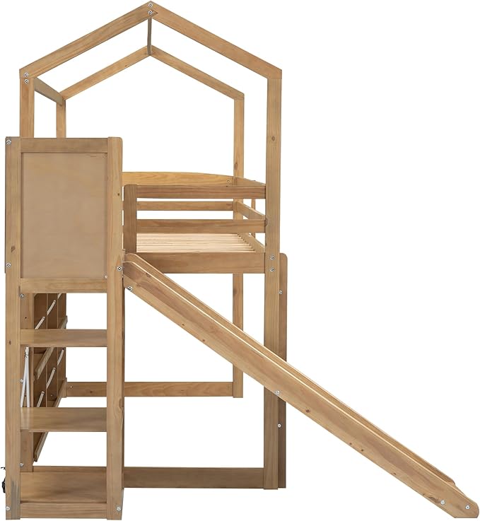 Flieks Twin Size Wood House Loft Bed Frame for Boys Girls Kids Adults Toddler with Slide, Storage Shelves and Light, Climbing Ramp, Wood Color
