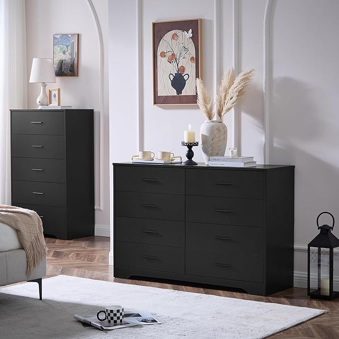 LIDYUK Black Dresser for Bedroom, 8 Drawer Dressers & Chests of Drawers, Modern Wood Dresser, 48 Inches Wide Chest of Drawers for Bedroom, Hallway, Living Room