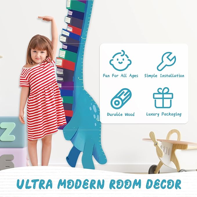 Personalized Name Growth Chart for Wall, Dinosaur Book Wooden Growth Chart Kids Height Chart,Growth Ruler for Toddler Playroom Decor 62.4" x 15.5"