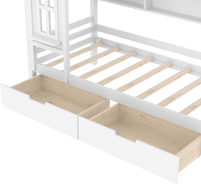 MERITLINE Twin Size House Bed with Storage Drawers & Window, Solid Wood Platform Bed Frame with Shelves, No Spring Box Needed, Childlike Design for Kids, Girls, Boys, Light White