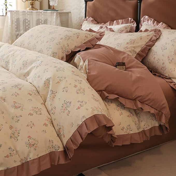 Ruffle Duvet Cover King 100% Cotton Vintage Floral Comforter Cover Aesthetic Rose Flower Duvet Cover Romantic Ruffle Comforter Cover Botanical Floral Bedding Lace Duvet Cover with 2 Pillowcases