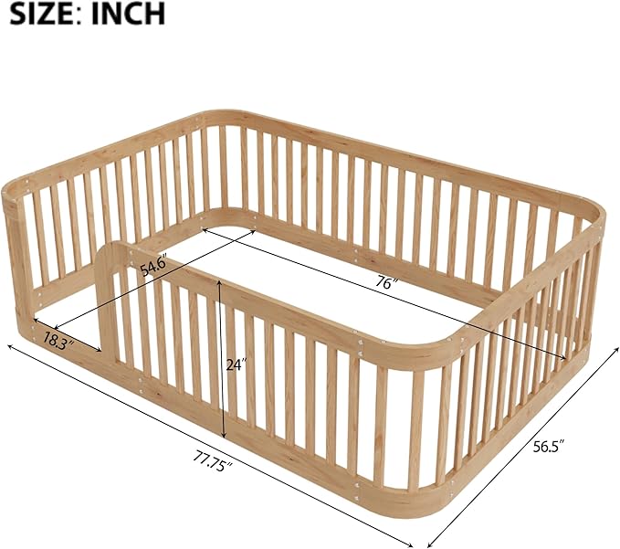 Full Size Floor Bed with Fence for Boys Girls, Solid Wood Natural Bed Frame, Natural