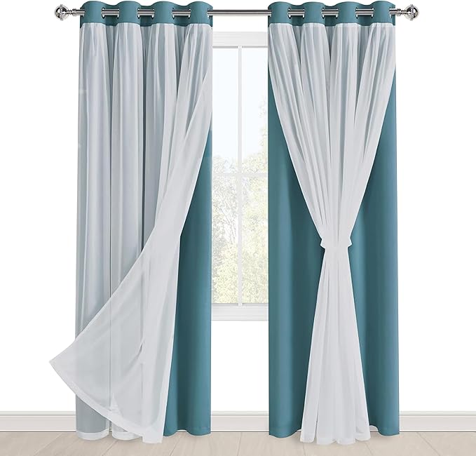 Hiasan Blackout Curtains with Sheer Overlay,Thermal Insulated Mix & Match Double Layer Room Darkening Curtains for Bedroom,Living Room,Nursery,2 Window Panels Sewn with Tiebacks,Stone Blue,52W X 84L