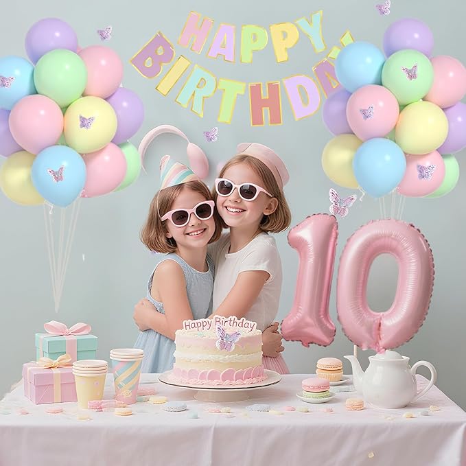 10th Birthday Decorations for Girl-12 inch Pastel Balloons, 32 Inch Pink 10 Balloon, 3D Butterflies Stickers, Happy Birthday Banner For Girl 10 Years Old BD Party Decorations