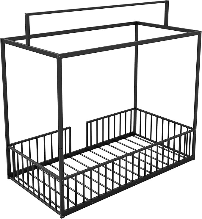 Harper & Bright Designs Full Size Montessori Floor Bed Frame for Kids, Metal Floor Bed with Canopy and Guardrails, High Fenced Canopy Bed with Sturdy Metal Slats Support, Easy Assembly, Black