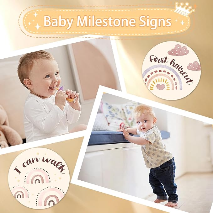 Baby Monthly Milestone Cards Sign - Double Sided Wooden Milestone Cards with Rainbow Design, Wooden Circles Discs for Photo Props Birth Announcement Board, Baby Shower/Gift Newborn Sign Set(13pcs)