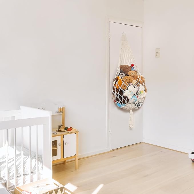 Stuffed Animal Storage Organizers Corner Hanging Ne 60" L Stuffy Animal Hammock Macrame Toy Display Plush Toy Holder Wall, Kid Bedroom Decor Boho Nursery Playroom Organizer 60" L (Cream)