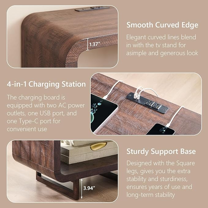 23.6" Modern End Table, 2 Tier Side Table with Charging Station, Simple Bedside Table with Open Storage Shelf, Outlet, Wooden Nightstand for Bedroom, Living Room, Study, Easy Assembly, Brown