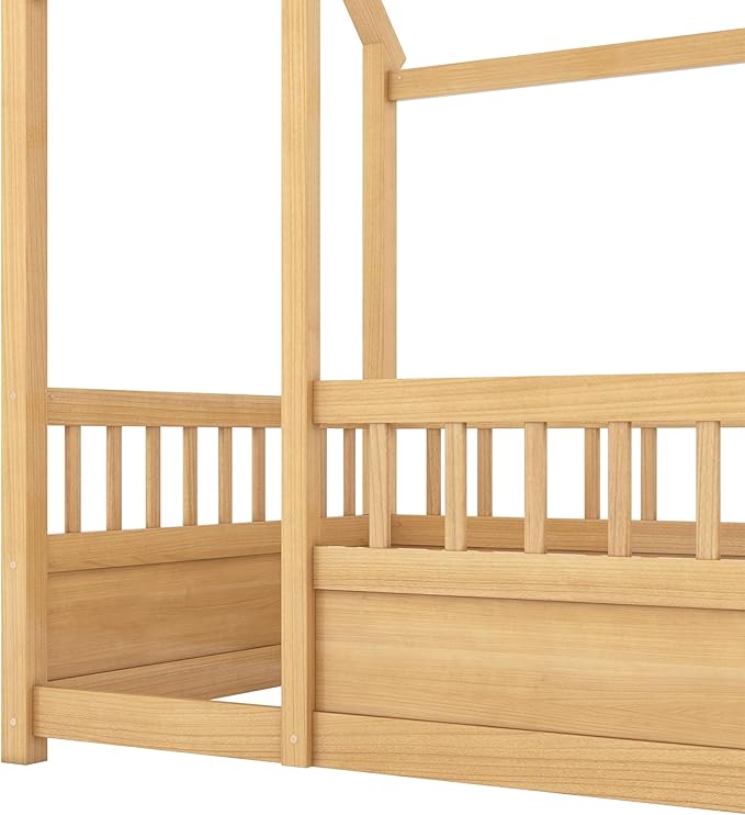 Bellemave Twin House Bed for Kids, Wooden Kids bedframe with Rails and Storage, Montessori Floor beds with high guardrail Without slats, Natural