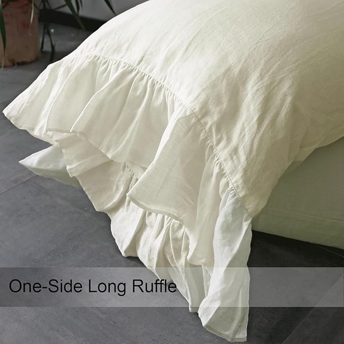 Ruffles Linen Pillowcase. Pure Flax Pillow Sham 100% French Linen Ruffled Pillow Cover, Standard, Queen, King Size 1 PCS (Twin, Ivory)