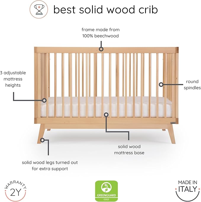 dadada Baby Soho 3 in 1 Convertible Wooden Crib to Toddler Bed - Made in Italy, GREENGUARD Gold Certified, Baby-Safe Finish, Sustainable Beech Wood, Modern Design, 3 Adjustable Heights (Natural)