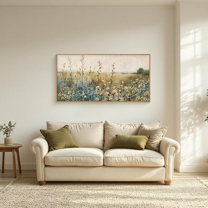 HLNIUC Vintage Watercolor Wildflower Landscape Horizontal Wall Art Framed, Large Retro Floral Wall Decor(20x40), Nature Wilderness Farmhouse Rustic Field Canva Painting for Living Room,Bedroom, Office