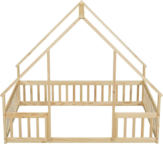 Bellemave Full Floor Bed for Kids, Girls, Boys, Wood House Bed Frame, House Floor Bed for Kids, Full Size Montessori Floor Bed with Fence, Playhouse, Natural