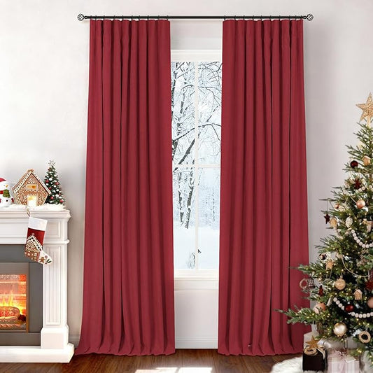 INOVADAY 100% Blackout Curtains for Bedroom, Black Out Curtains 96 Inch Long, Clip Rings Linen Blackout Drapes, Thermal Insulated Room Darkening for Living Room, 2 Panels - Ruby Red,W50xL96