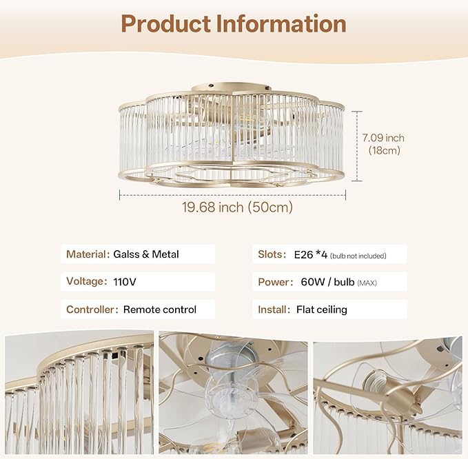 20" Gold Ceiling Fans with Lights Flush Mount, Gold Crystal Ceiling Fan with Light Remote Control, Mid-Century 6 Speeds for Bedroom, Living Room, Nursery