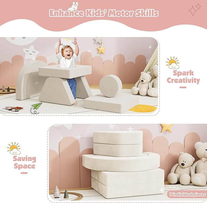 12 PCS Modular Kids Play Block Couch Child Sectional Soft Sofa Toddler Building Fortplay Climbing Bedroom Playroom Baby Convertible Floor Foam Cushion for Boys & Girls (Beige-Single-2)
