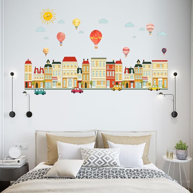 Cartoon City Wall Decals, Whimsical Hot Air Balloons, Houses, Animals, Rainbow, Sun, Clouds Design, Removable Vinyl Stickers for Kids Room, Nursery, Bedroom, Playroom Decor (Colorful-02)
