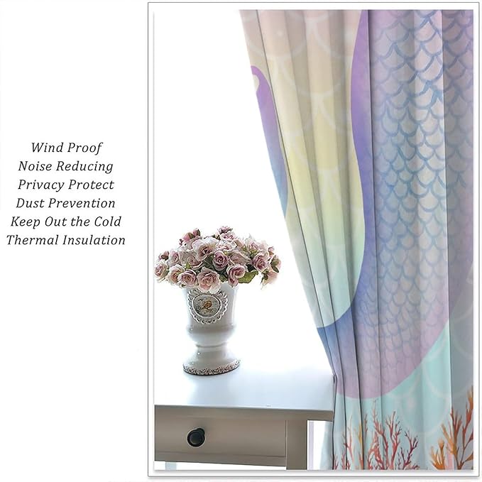 Dream Mermaid Curtains Colorful Mermaid Fish Tail Scale Fantasy Ocean Theme Beautiful Kids Window Treatment for Girls Bedroom Nursery Room Decor Rod Pocket Window Drapes 72x63in