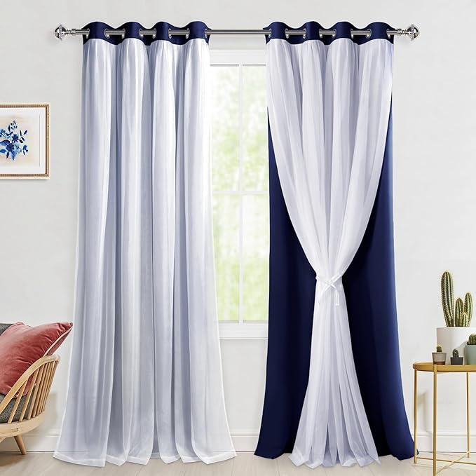 Hiasan Mix & Match Blackout Curtains with Sheer Overlay, Double Layer Extra Long Thermal Insulated Grommet Window Curtains for Bedroom, Living Room, 2 Drape Panels with Tiebacks, Navy Blue, 52W X 108L