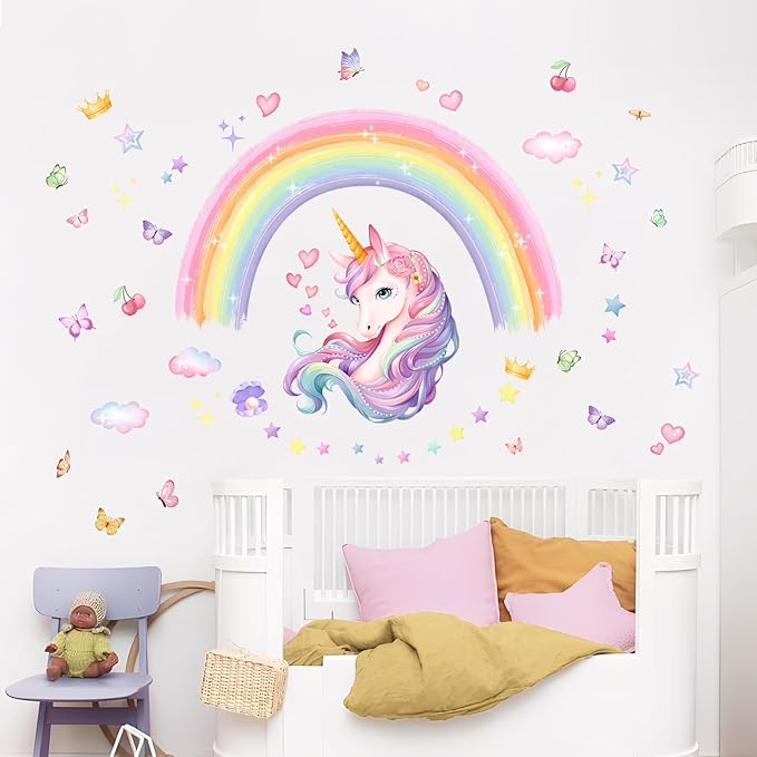 Unicorn Rainbow Wall Stickers, Watercolor Rainbow Stars Wall Decals Peel and Stick Wall Decal Self Adhesive Home Decor for Girls Nursery Kids Room