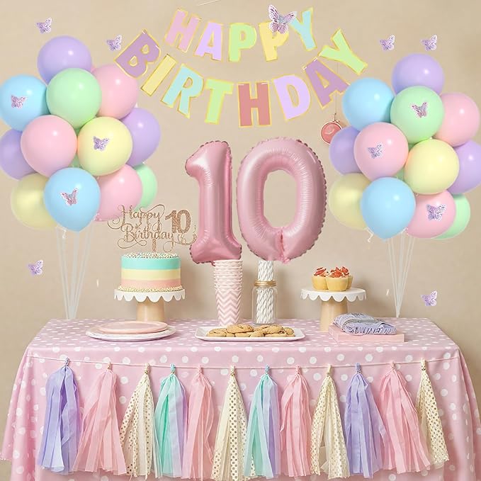 10th Birthday Decorations for Girl-12 inch Pastel Balloons, 32 Inch Pink 10 Balloon, 3D Butterflies Stickers, Happy Birthday Banner For Girl 10 Years Old BD Party Decorations