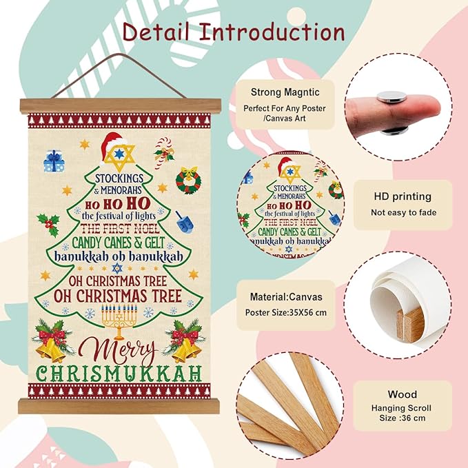 KAIRNE Merry Christmas Wall Art,Colorful Christmas Tree Poster(13.7X22 inch),Hanukkah Wall Decor with Wood Magnetic Hanger,Christmas Gifts for Holiday Party Living Room Bedroom Office Coffee Decor