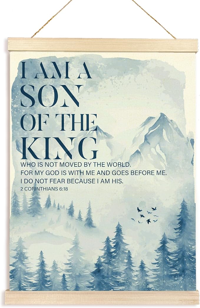 Hiuwevt Christian Nursery Wall Art, I Am a Son of the King Bible Verse Poster Hanger Frame, Blue Mountain Forest Inspirational Wall Art Home Decor for Kids Boys Room Bedroom Nursery Playroom, 12x16 Inch