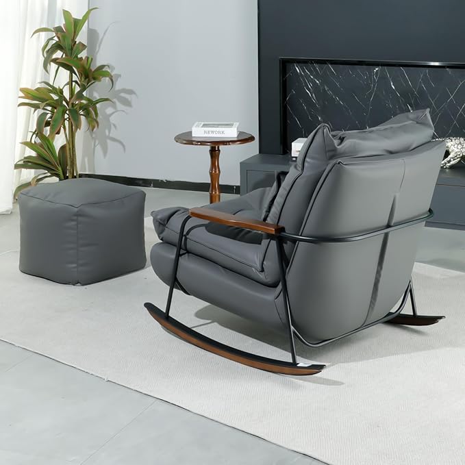 zyz Rocking Chair with Ottoman and Pillow, Mid-Century Modern Recliner, Reclining Nursery Rocker, Wood Armchair, 25° Rocking Motion, Lazy Sofa for Living Room Bedroom Balcony, PU Leather (Dark Grey)