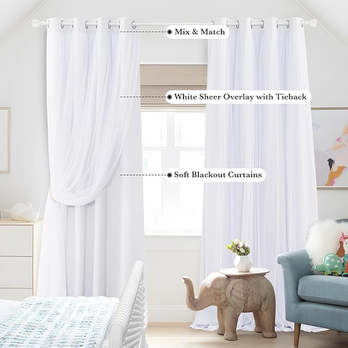 PONY DANCE Living Room Curtains 84 Inch Length - Sheer Overlay Curtains, 52 inches Wide, Window Treatment Panels, Cortinas De Sala Elegantes (Winter White, Set of 2, with Extra Tie-Backs)
