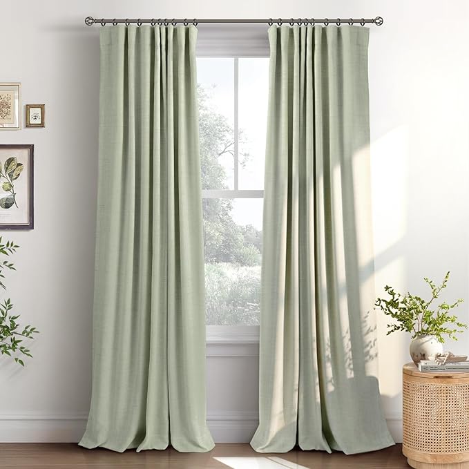 INOVADAY 100% Blackout Curtains for Bedroom, Black Out Curtains 96 Inch Long, Clip Rings Linen Blackout Drapes, Thermal Insulated Room Darkening for Living Room, 2 Panels - Sage,W50xL96