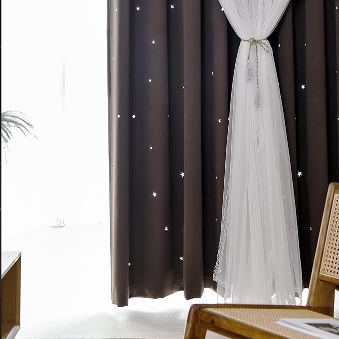 Kinryb Kids Blackout Curtains for Bedroom/Living Room/Classroom, Sheer Overlay 2 Free Tiebacks, Double Layer Curtains with Star Cutout for Kids Room(Each Piece W 70 x L 95 Inches 2 Pcs Chocolate)