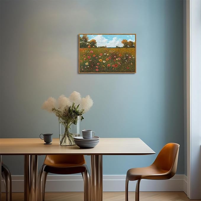 OIQArtOIQ Vintage Landscape Framed Wall Art Fall Countryside Colorful Wildflower Field Canvas Art Prints Farmhouse Cottagecore Pictures Wall Decor Rustic Meadow Paintings Artwork For Kitchen Bedroom