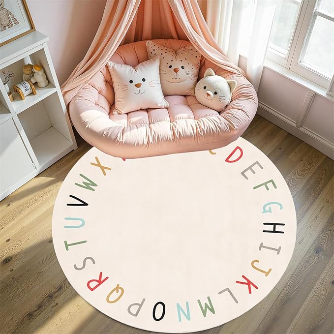 Round ABC Rugs-4ft Kids Round Rug Alphabet Numbers Shapes Educational Kid Area Rug Non Slip Kid Play Mat Carpet for Girl Boy Bedroom Playroom-White