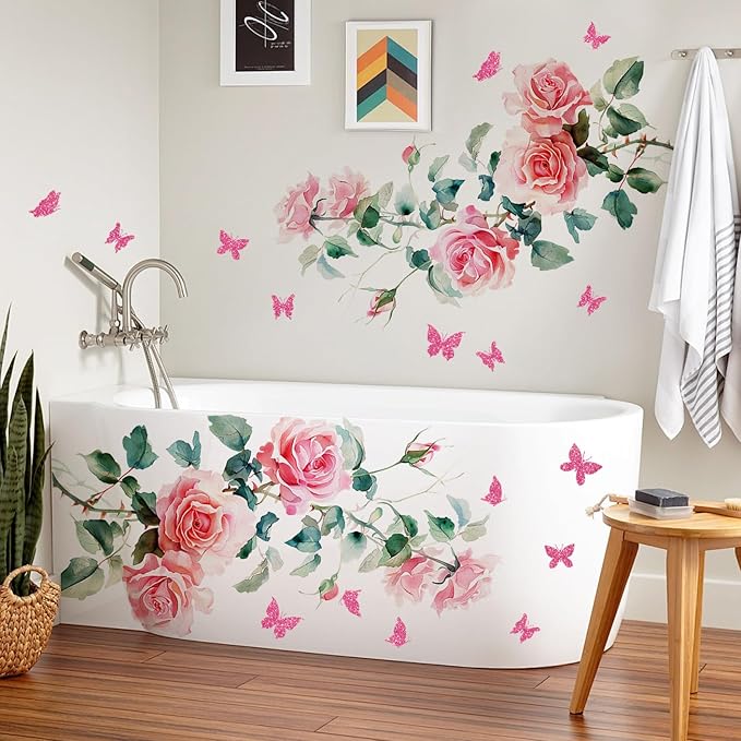 2Sheets Removable Pink Rose Vine Flowers Decals Green Leaves Decals DIY Pink Butterfly Wall Decal Self-Adhesive Wall Art Decor for Girls Room Living Room Bedroom TV Backdrop Decor