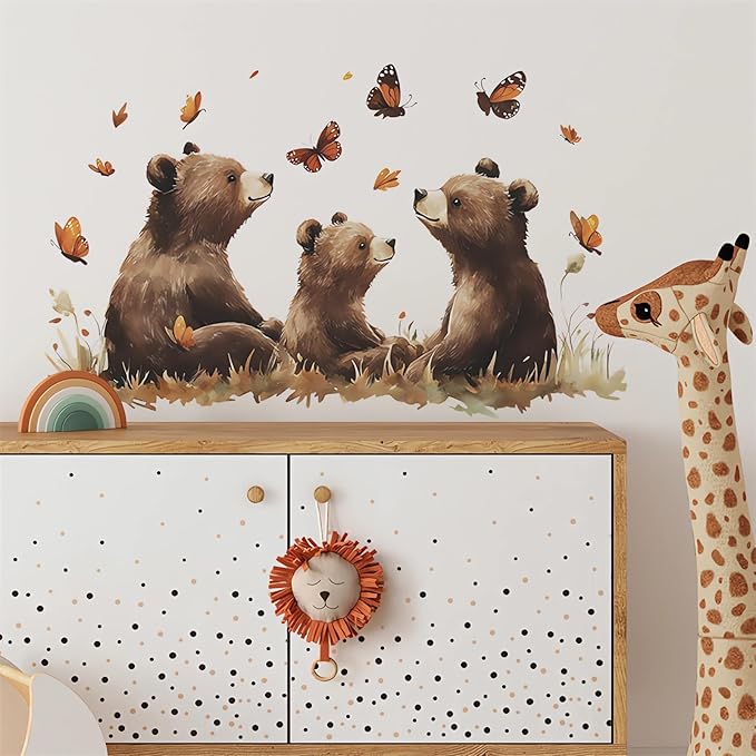 Cozy Brown Bear Family Wall Stickers, Baby Bear Butterfly Wall Decals Removable Vinyl Peel and Stick Boy Girl Nursery Bedroom Playroom Toddler Room Art Home Decorations