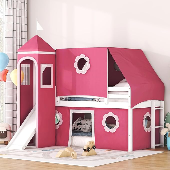 Twin Size Low Loft Bed House Bed with Slide & Tent and Tower, Playhouse Design Solid Wood Tent Bed Frame for Kids Boys Girls, Versatile Spacious Under Bed Space with Curtains (Pink-FT)
